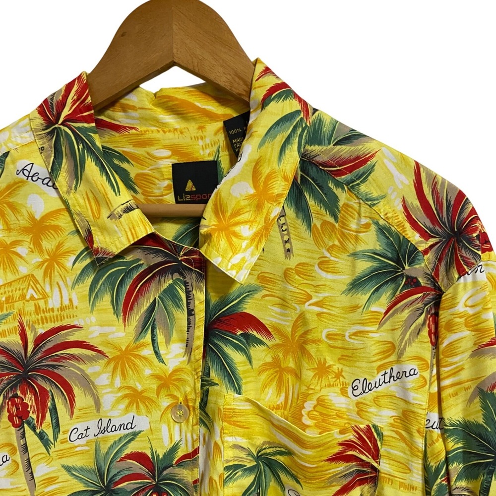 Lizsport Sport Luau Yellow Tropical Palm Tree Rayon‎ Aloha Shirt Mens Large NEW